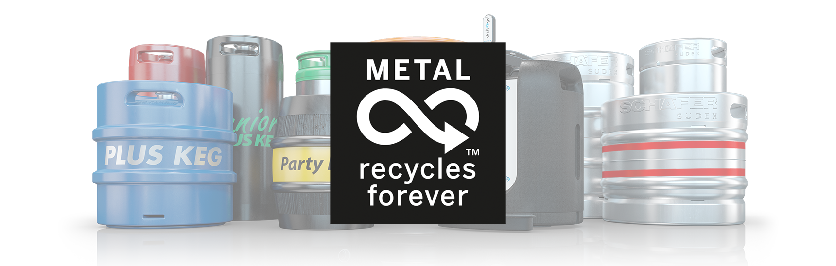 Metal recycles forever Logo mit verschiedenen KEGs im Hintergrund